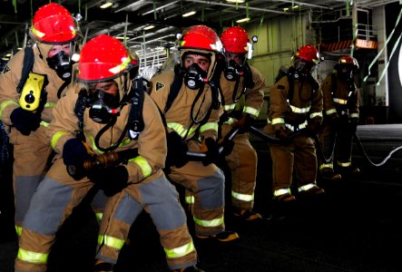 Sailors practice firefighting aboard USS Carl Vinson. (8413081511)