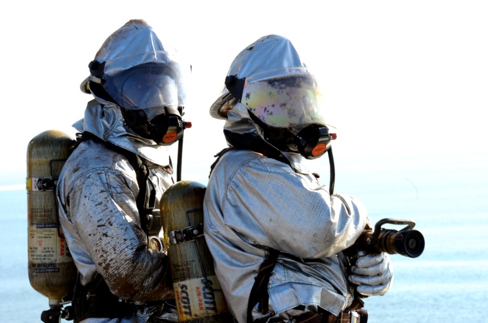 Sailors practice firefighting at sea. (8243541617)