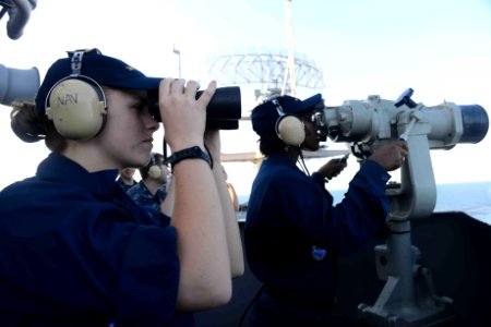 Sailors stand lookout watch at sea. (8264510584)