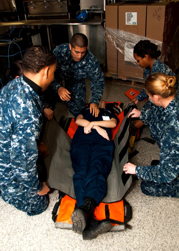 Sailors practice using a stretcher. (8270224120)
