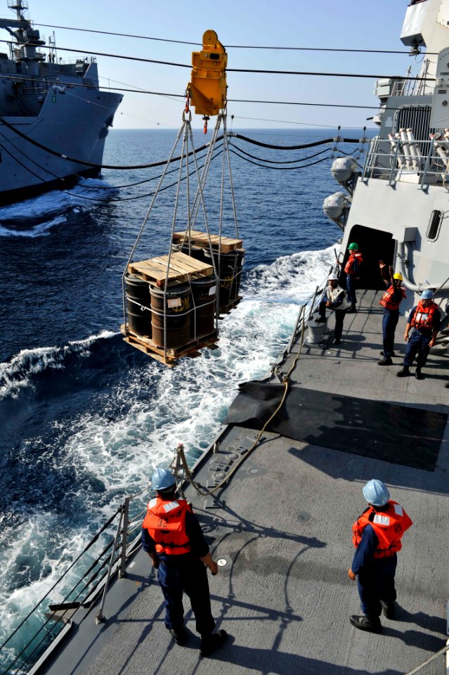 Sailors receive supplies during a replenishment-at-sea. (8243540319)