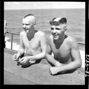 Sailors who had heads clipped in bizarre designs during Neptune party aboard the USS Saratoga (CV-3). - NARA - 520889