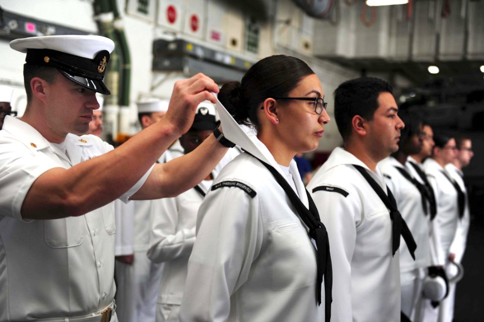 Sailors a dress white uniform inspection. (17146803659)