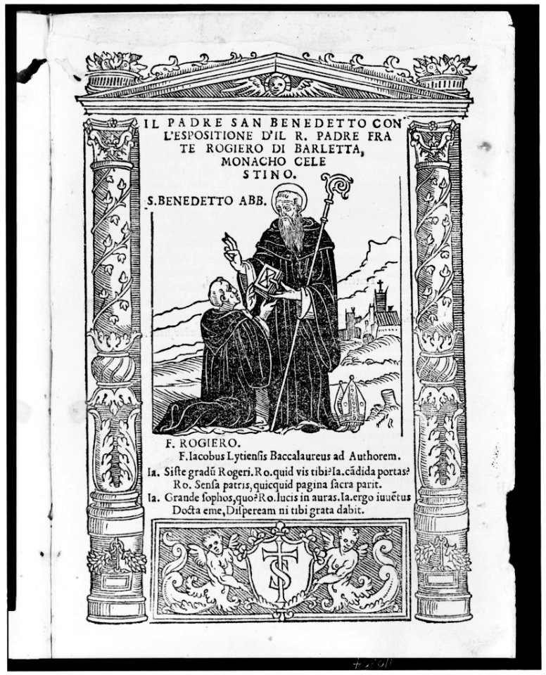 Saint Benedict presenting his monastic regulations to r. padre frate Rogiero di Barletta, who is kneeling before him LCCN2006680146