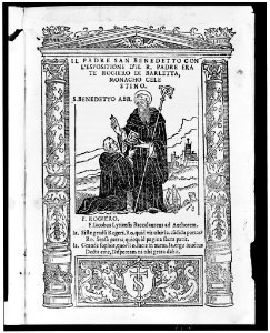 Saint Benedict presenting his monastic regulations to r. padre frate Rogiero di Barletta, who is kneeling before him LCCN2006680146