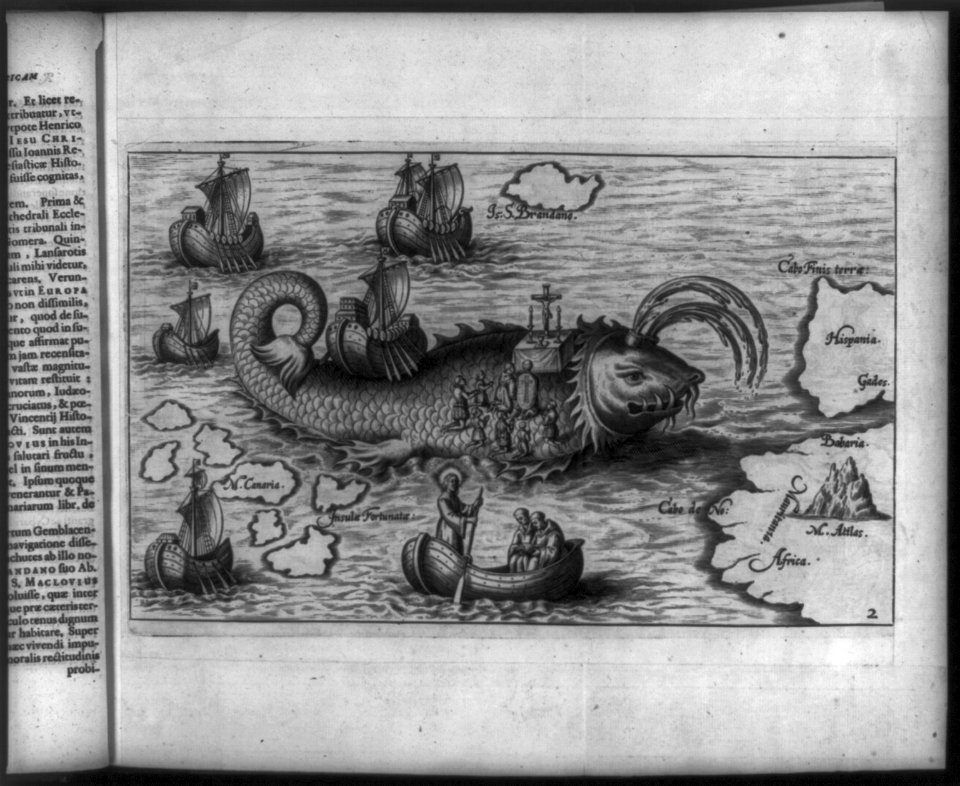 Saint Brendan, 484-577, figurative map of St. Brendan's legendary voyage; shows Mass being said on the back of a whale LCCN2006682652