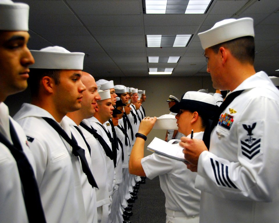 Sailors undergo a uniform inspection. (8596676659)
