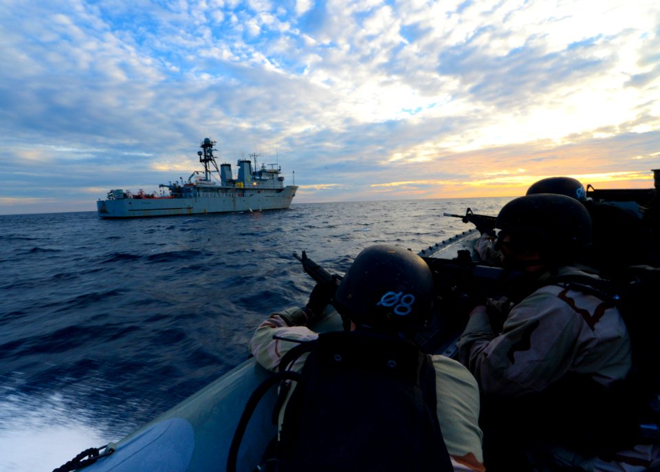 Sailors approach USNS Prevail in a RHIB. (8471156308)