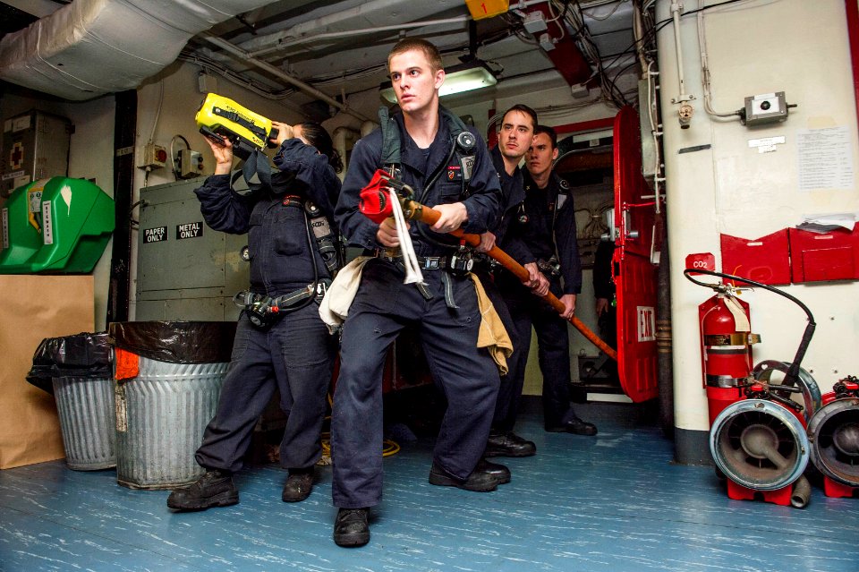 Sailors conduct a damage control drill. (20278784364)