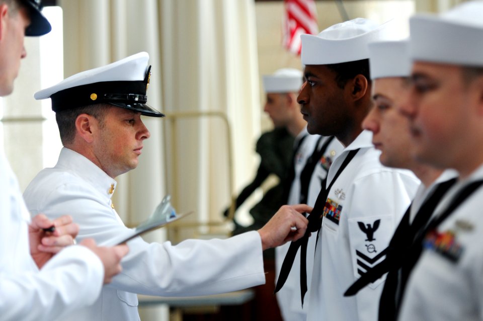 Sailors conduct a uniform inspection. (8695664577)