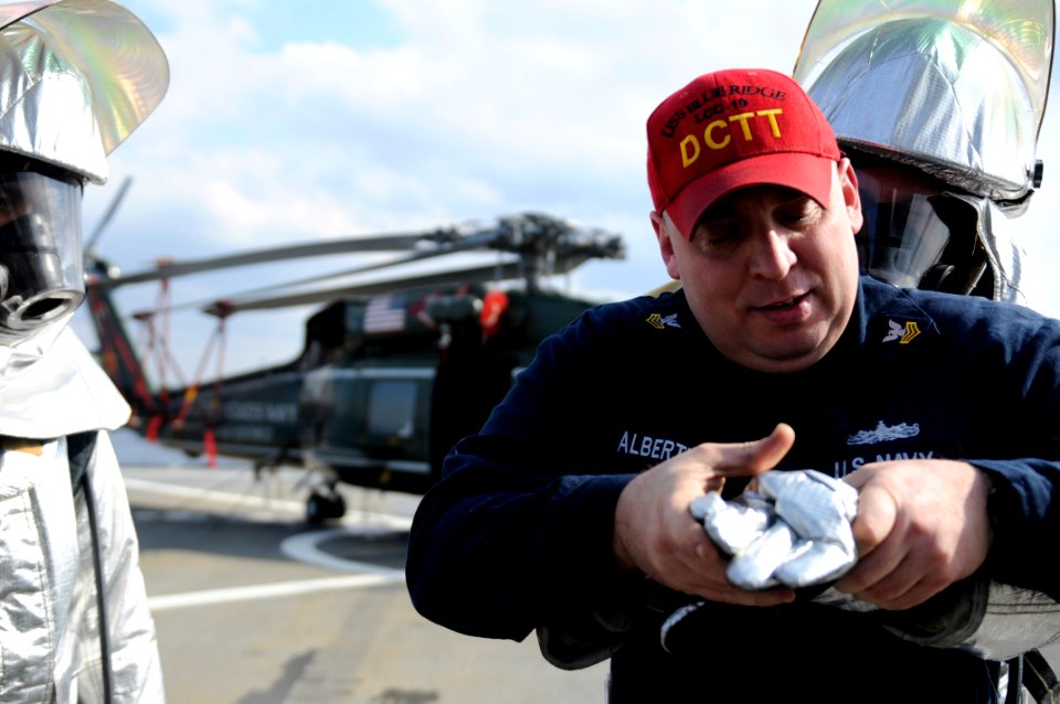Sailors conduct Crash and Smash Drill aboard USS Blue Ridge 130222-N-NN332-084