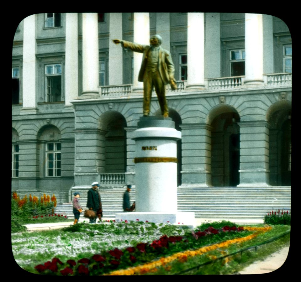 Saint Petersburg. Communist Party headquarters, formerly the Smolny Institute partial front view, with the Lenin Monument (1927)