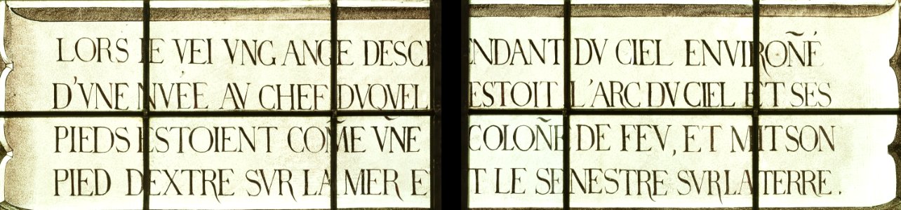 Saint-Chapelle de Vincennes - Baie 3 - Texte de la neuvième vision de l'Apocalypse - l'apparition de l'ange à saint Jean (bgw17 0817)