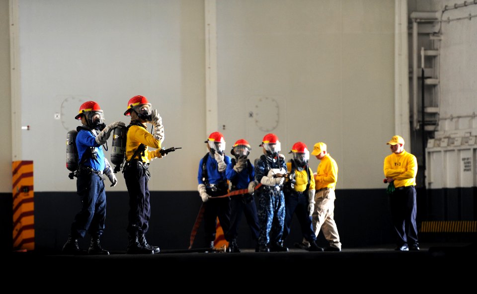 Sailors practice firefighting aboard USS George H.W. Bush. (8246658161)