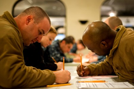 Sailors take the Petty Officer 1st Class Exam. (8539531226)