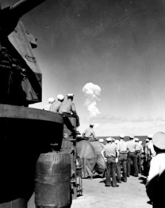 Sailors watch the Able test atomic bomb cloud from USS Fall River (CA-131), 1 July 1946 (80-G-627452)