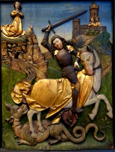 Saint George slaying the dragon, Bamberg, from the Stiftskirche in Wimpfen am Neckar, c. 1480, limewood, original polychromy - Germanisches Nationalmuseum - Nuremberg, Germany - DSC02932 photo