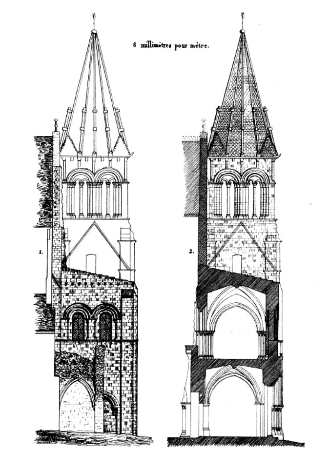 Saint-Leu-d'Esserent (60), église prieurale, élévation latérale et coupe de l'avant-nef avec clocher