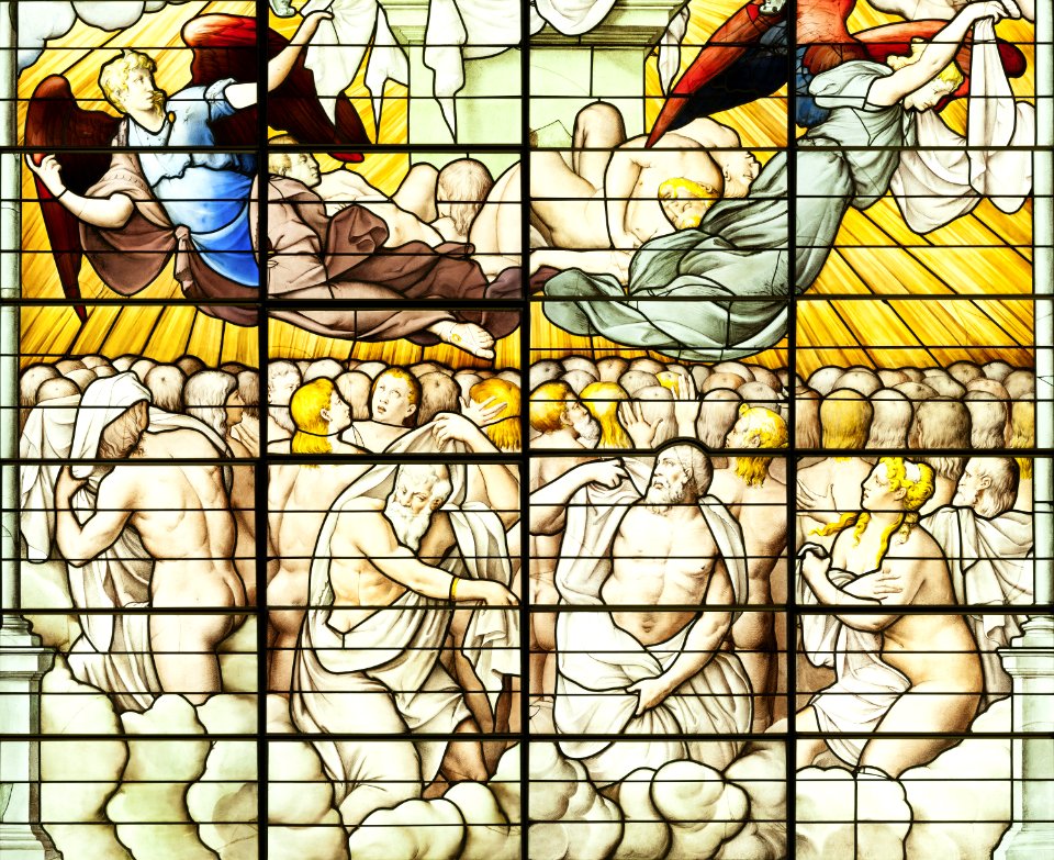 Saint-Chapelle de Vincennes - Baie 5 - Les âmes des saints criant vers Dieu, détail des anges distribuant les robes blanches et des saints les recevant (bgw17 0972)