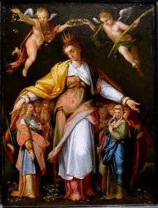 Saints Catherine, Ursula, and Margaret set (Saint Ursula), by Bartholomaeus Spranger, Prague, c. 1583, oil on panel - Blanton Museum of Art - Austin, Texas - DSC07749
