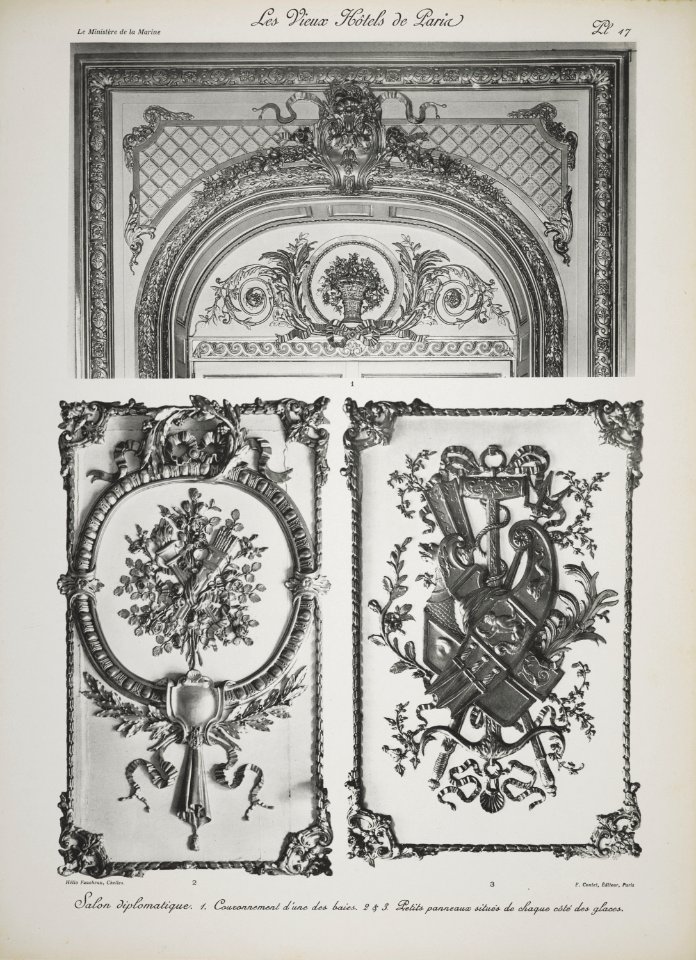 Salon diplomatique. 1. Couronnement d'une des baies. 2 & 3. Petits panneaux situs de chaque côté des glaces (jlpw15 0743)