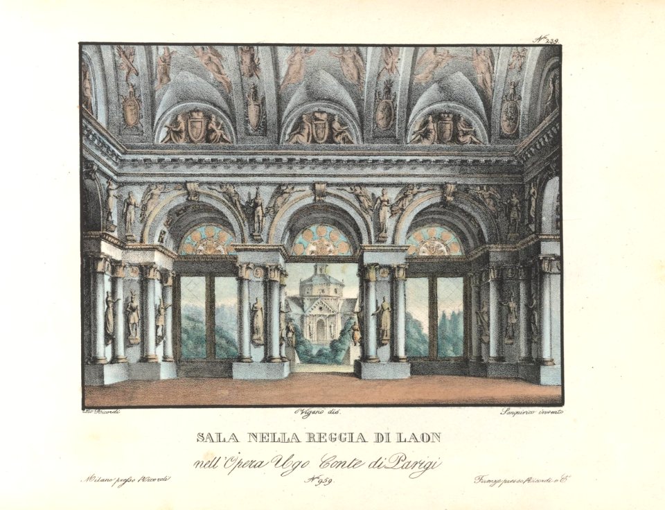 Sala nella reggia di Laon - Set design by Sanquirico for Ugo, Conte di Parigi (Milan, 1832)