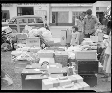Salinas, Califoria. Evacuees of Japanese ancestry have assembled their baggage which will be taken . . . - NARA - 536193 photo