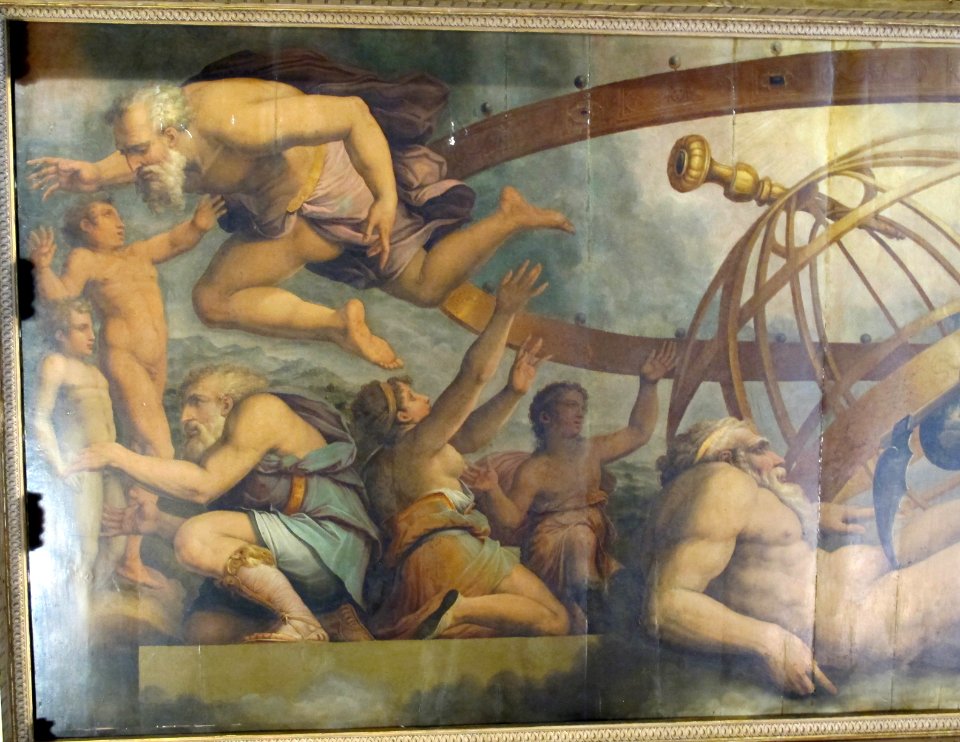 Sala degli elementi, crono, tra allegorie, mutila urano per originare i 4 elementi, di vasari, c. gherardi e m. da faenza 02