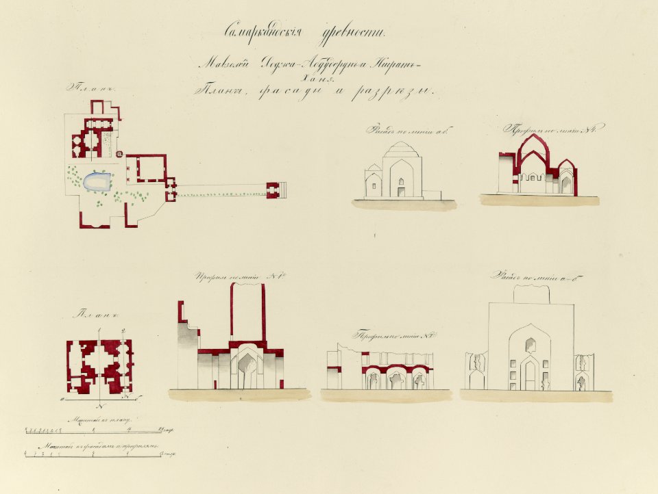 Samarkandskiia drevnosti. Mavzolei Khodzha-Abduderuni Ishrat-khane. Plany, fasady, i razriezy. Plan. Fasad po linii a-b. Profil' po linii N 1i. Plan. Profil' po linii N 1i. Profil' po linii LCCN2007683402