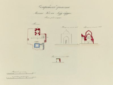 Samarkandskiia drevnosti. Mechet' Khodzha Abdu Birun. Plan, fasad, i razriez. Plan. Fasad po linii a-b. Profil' po linii N 1i. Profil' po linii N 2i LCCN2007683432