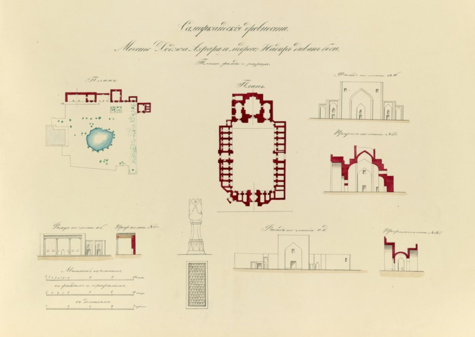Samarkandskiia drevnosti. Mechet' Khodzha Akhrara i medresse (sic) Nadyr Divan Begi. Plany, fasady, i razriezy. Plan. Plan. Fasad po linii a-b. Profil' po linii N 1i. Fasad po linii a-b. LCCN2007683408
