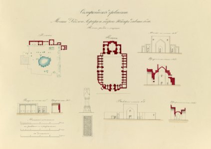 Samarkandskiia drevnosti. Mechet' Khodzha Akhrara i medresse (sic) Nadyr Divan Begi. Plany, fasady, i razriezy. Plan. Plan. Fasad po linii a-b. Profil' po linii N 1i. Fasad po linii a-b. LCCN2007683408
