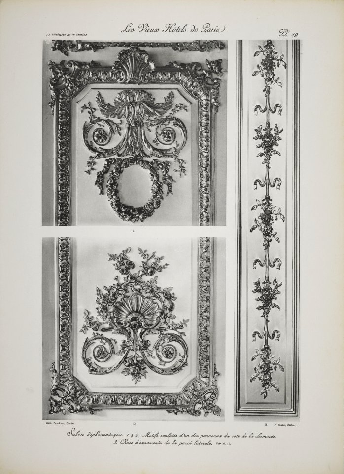 Salon diplomatique. 1 & 2. Motifs sculptés d'un des panneaux du côté de la cheminée. 3. Chute d'ornements de la paroi latérale (jlpw15 0745)