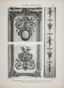 Salon diplomatique. 1 & 2. Motifs sculptés d'un des panneaux du côté de la cheminée. 3. Chute d'ornements de la paroi latérale (jlpw15 0745)
