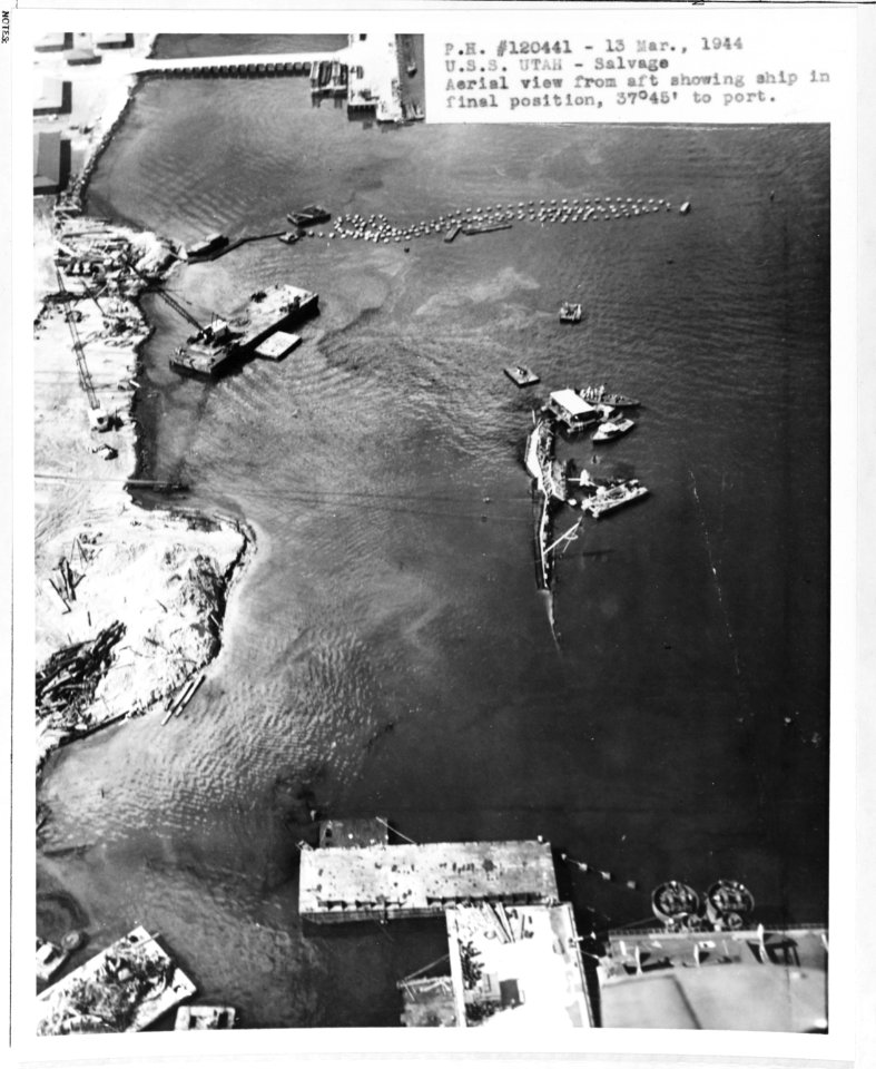 Salvage work on USS Utah (AG-16) 13 march 1944 (NH 64302)