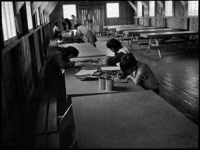 San Bruno, California. In the art school at this assembly center. These evacuee children are remai . . . - NARA - 537947