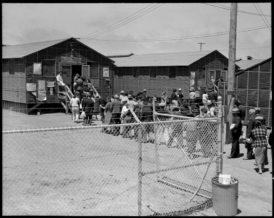 San Bruno, California. Noon time, Meal times are the big events of the day at assembly centers. S . . . - NARA - 537944