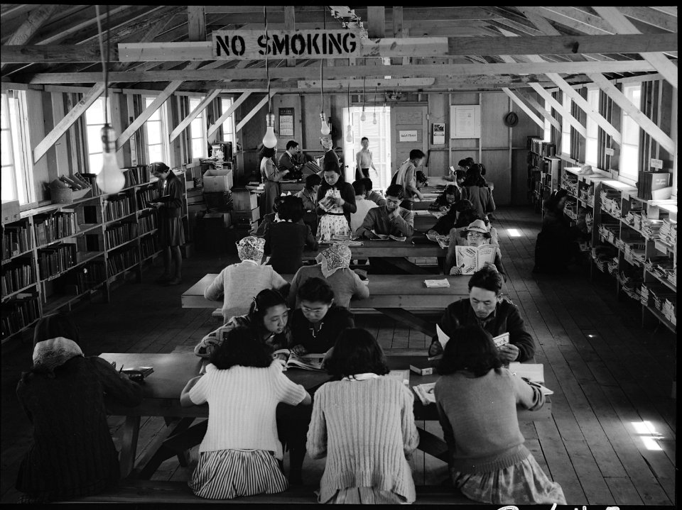 San Bruno, California. A barrack building at this assembly center has been reserved for the library . . . - NARA - 537942