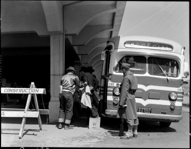 San Bruno, California. A Greyhound bus bringing evacuees to the assembly center. - NARA - 537490