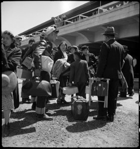 San Bruno, California. Family of Japanese ancestry arrives at assembly center at Tanforan Race trac . . . - NARA - 537480