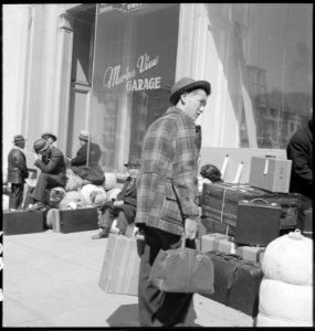 San Francisco, California. A young evacuee arrives at 2020 Van Ness Avenue, meeting place of first . . . - NARA - 536418