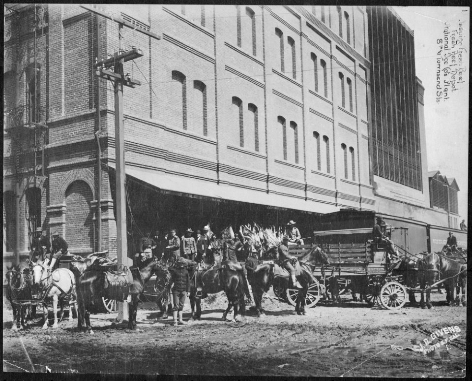 San Francisco Earthquake of 1906, Issuing fresh beef. Fresh Beef Depot. National Ice Company's plant. Eighth and... - NARA - 522989