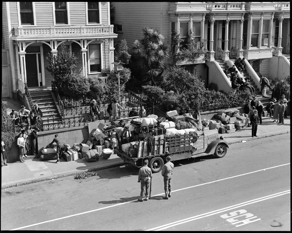 San Francisco, California. Here soldiers are shown guarding bed-rolls and luggage of Japanese who a . . . - NARA - 537746