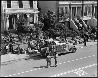 San Francisco, California. Here soldiers are shown guarding bed-rolls and luggage of Japanese who a . . . - NARA - 537746