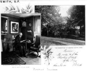 Samuel Francis Smith, 1808-1895, full-length portrait, seated at a table in his study, facing right, and exterior view of The Homestead at Newton Center, Massachusetts LCCN2005689363