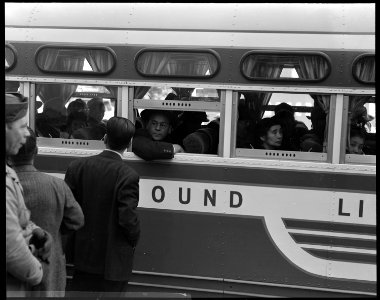 San Francisco, California. This bus loaded with evacuees of Japanese ancestry, is bound for Tanfora . . . - NARA - 537749