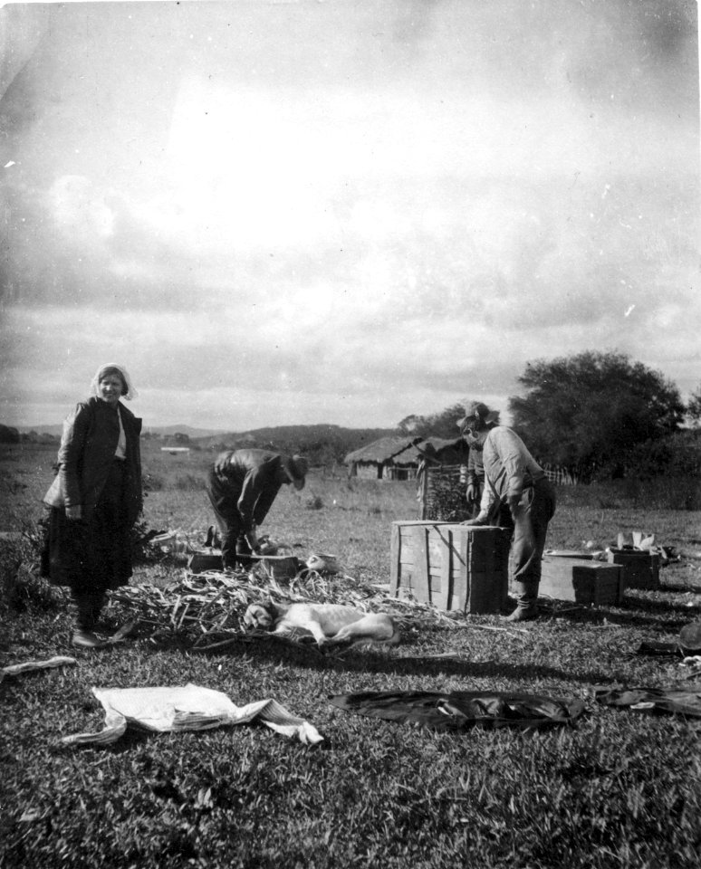 Samling av lerkärl från Chané packas ned. Olga Nordenskiöld t.v. på bilden - SMVK - 005873
