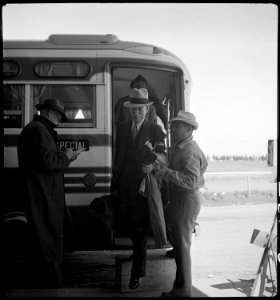 San Bruno, Calfiornia. Evacuee of Japanese ancestry arrives at this Assembly center where he and ap . . . - NARA - 537487