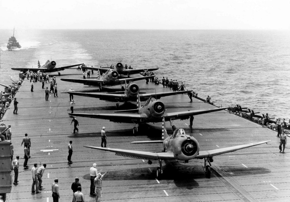 SBD and TBDs taking off on USS Enterprise (CV-6) 1942