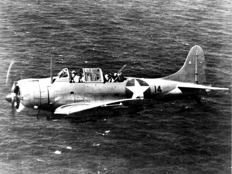 SBD-3 from USS Wasp (CV-7) in flight near Guadalcanal 1942